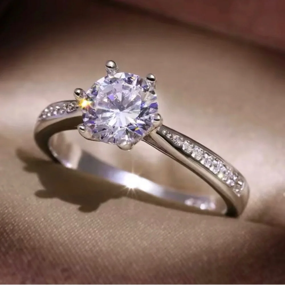 New 925 silver simulated round solitaire pave diamond engagement wedding ring
